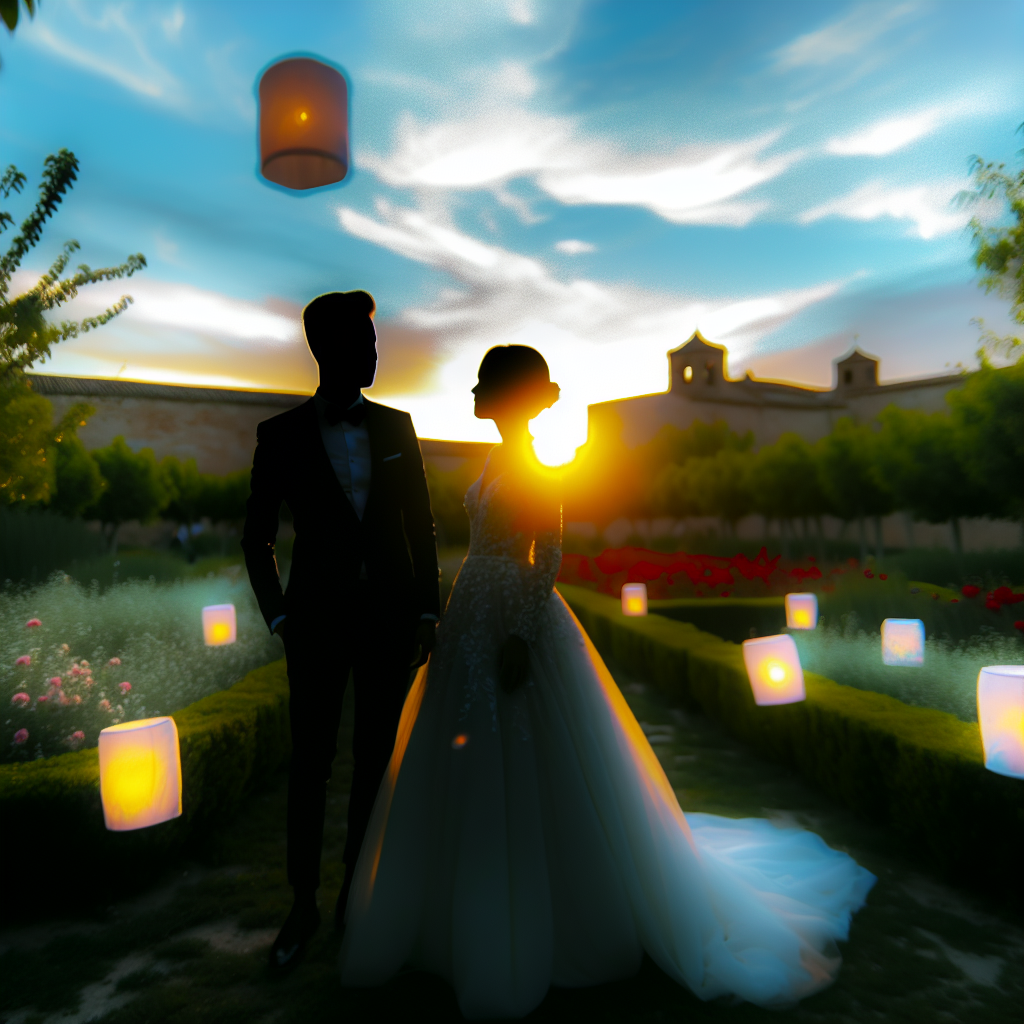 Flores, luces suaves y un amor que brilla en la noche.