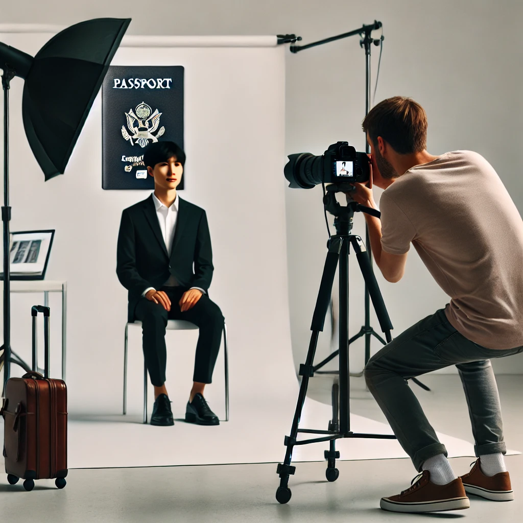 DALL·E 2025 01 31 13.29.20 A professional photography session in a studio specifically for passport photos. A person is seated in front of a neutral white background while a pho
