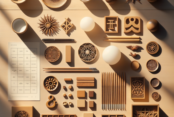 A flat lay of symbolic objects representing “[title]”, arranged neatly on a wooden or neutral su