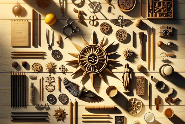 A flat lay of symbolic objects representing “[title]”, arranged neatly on a wooden or neutral su