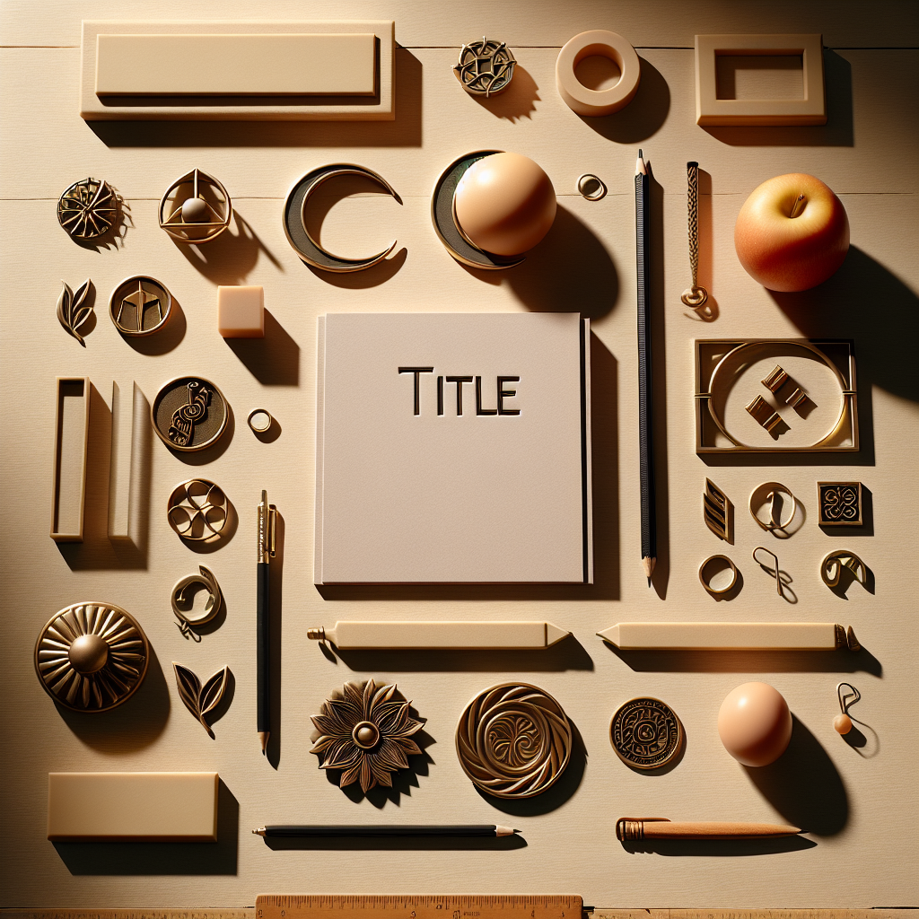 Create a flat lay image of symbolic items that symbolize the concept of 'title'. These items are meticulously arranged on a wooden or neutral surface. The lighting should be warm and natural, casting soft shadows onto the items, adding to their three-dimensionality. No humans should be present in the scene. The image style should be realistic, taking inspiration from editorial lifestyle photographs. No textual elements should be included within the image.