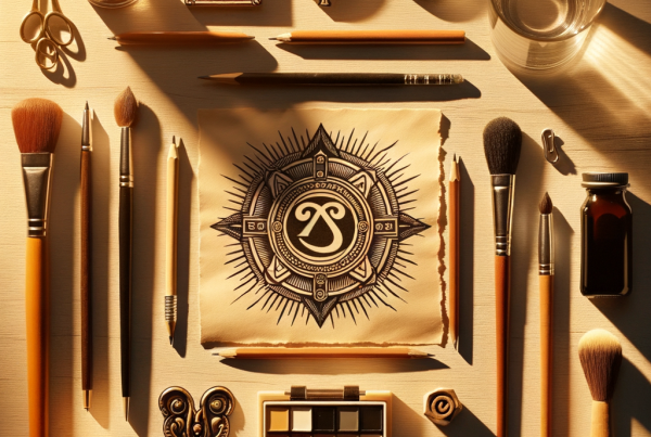 A flat lay of symbolic objects representing “[title]”, arranged neatly on a wooden or neutral su