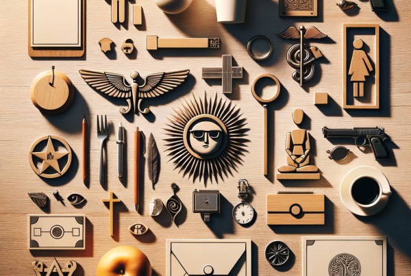 A flat lay of symbolic objects representing “[title]”, arranged neatly on a wooden or neutral su