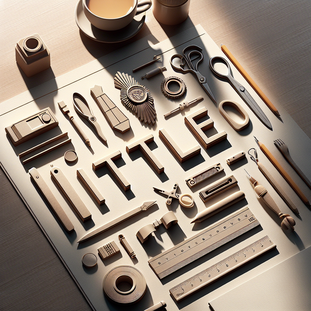 A flat lay composition of various objects symbolizing 'title', meticulously arranged on a neutral, wooden surface. The scene is bathed in warm, natural light, giving rise to gentle shadows and enhancing the realism of the image. The style emulates an editorial lifestyle photograph, adhering to a realistic visual interpretation without including any text within the image.