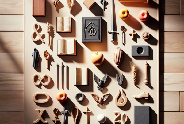 A flat lay of symbolic objects representing “[title]”, arranged neatly on a wooden or neutral su