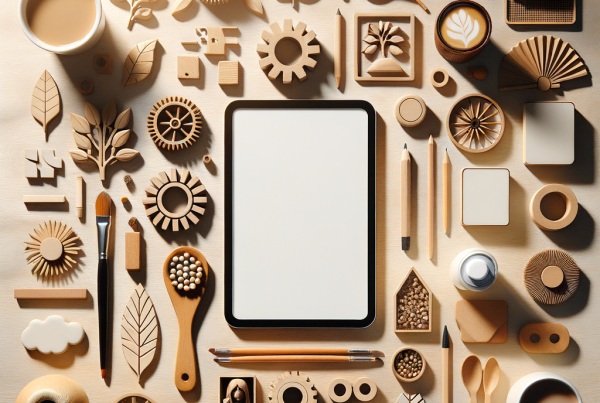 A flat lay of symbolic objects representing “[title]”, arranged neatly on a wooden or neutral su