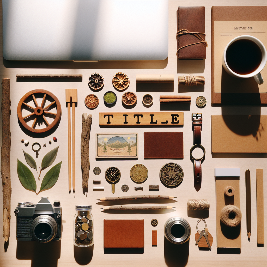 Create a flat lay image with symbolic objects that represent 'title', laid out meticulously on a wooden or neutral surface. Make sure to give the scene warm natural lighting and soft shadows. The style should be realistic, very similar to an editorial lifestyle photo. Keep in mind, no text and no people should be included in the image.