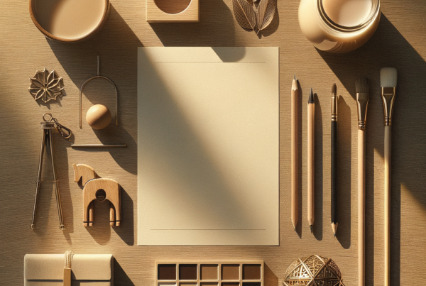 A flat lay of symbolic objects representing “[title]”, arranged neatly on a wooden or neutral su