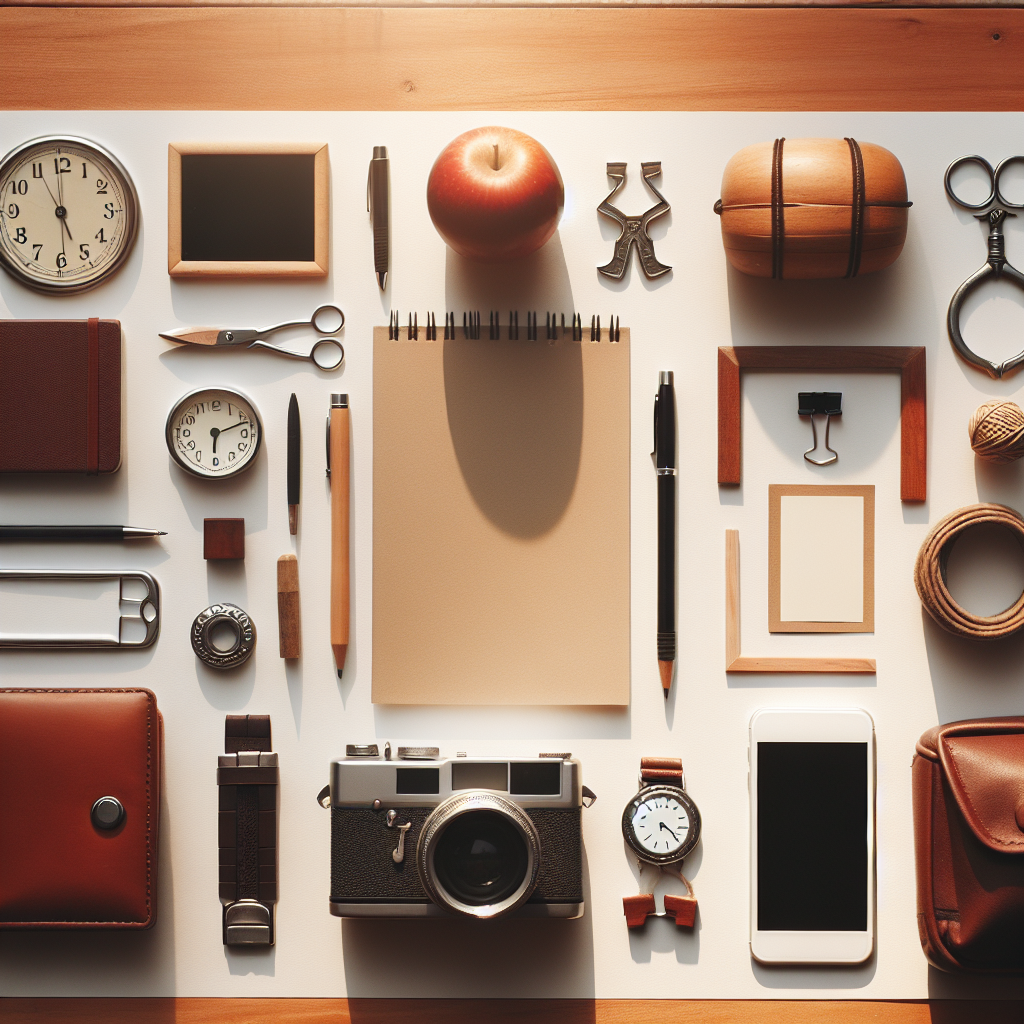 Create a flat lay of symbolic objects that represent a certain title. These objects should be arranged neatly on a wooden or neutral surface. The image should encapsulate warm natural lighting and soft shadows, giving it an editorial lifestyle photography look. Emphasize on the realistic style but without text or people appearing in the image.