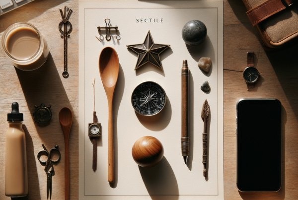 A flat lay of symbolic objects representing “[title]”, arranged neatly on a wooden or neutral su