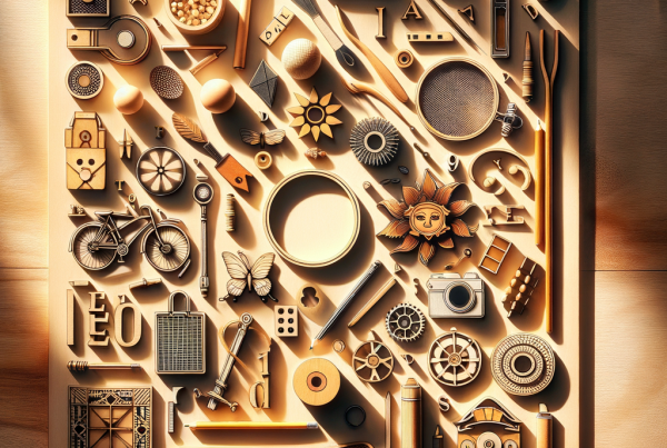 A flat lay of symbolic objects representing “[title]”, arranged neatly on a wooden or neutral su