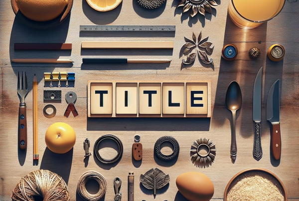 A flat lay of symbolic objects representing “[title]”, arranged neatly on a wooden or neutral su
