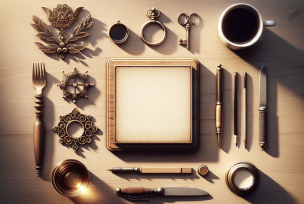 A flat lay of symbolic objects representing “[title]”, arranged neatly on a wooden or neutral su