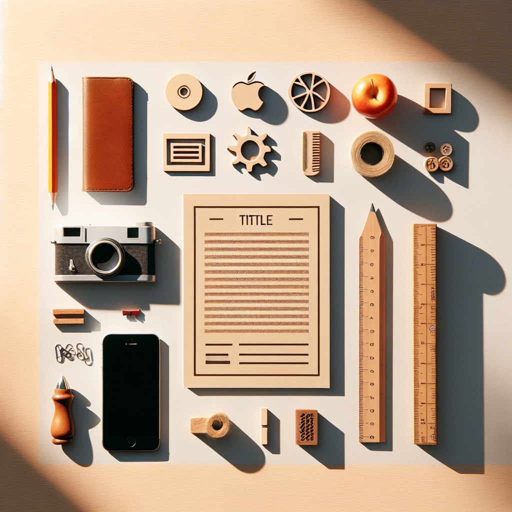Create a flat lay image of symbolic objects that represent the concept of a 'title', neatly arranged on a wooden or another neutral surface. The image should have warm natural lighting with soft shadows, and it should not include any people. The desired art style is photographic realism, specifically drawing inspiration from the aesthetic of editorial lifestyle photography. Please do not include any text in the image.