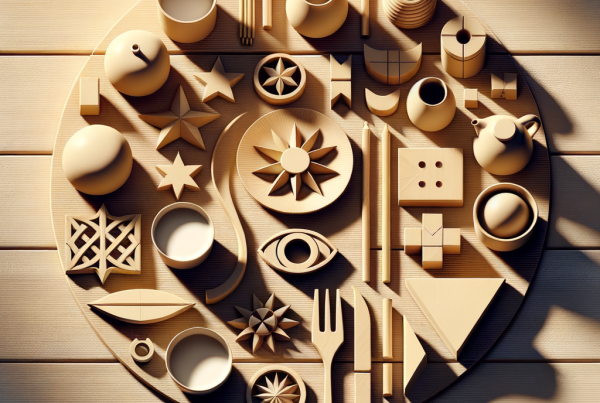 A flat lay of symbolic objects representing “[title]”, arranged neatly on a wooden or neutral su