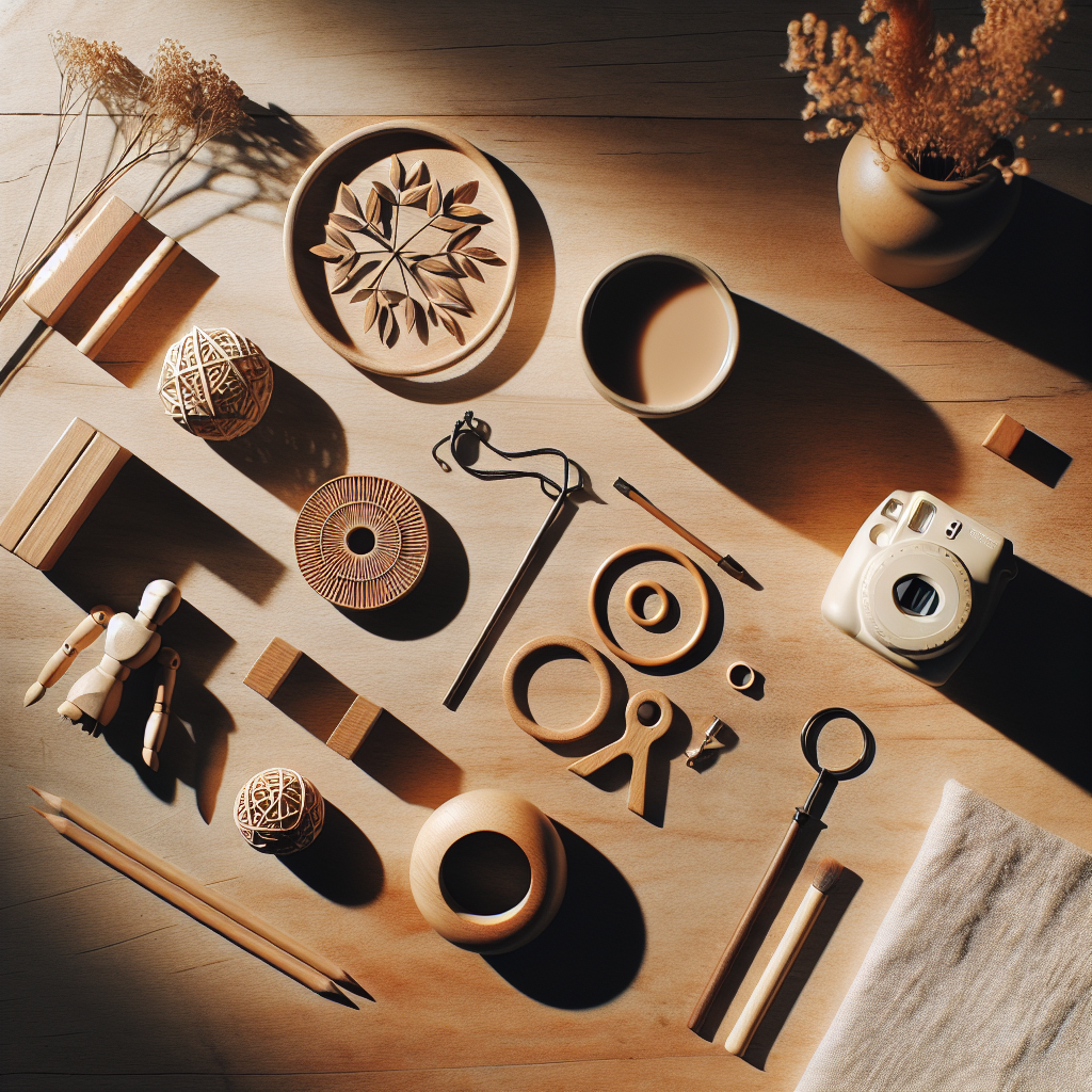 Create a flat lay image depicting a set of symbolic objects that represents a general theme. These objects should be arranged neatly on a wooden or neutral-hued surface. The aesthetic focus is on warm, natural lighting and soft shadows, embracing an editorial lifestyle photography look. Ensure a realistic style with no people included in the image. Furthermore, the image should not contain any text.