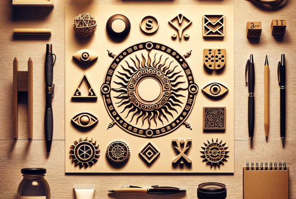 A flat lay of symbolic objects representing “[title]”, arranged neatly on a wooden or neutral su