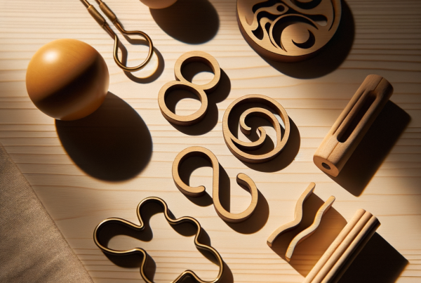 A flat lay of symbolic objects representing “[title]”, arranged neatly on a wooden or neutral su