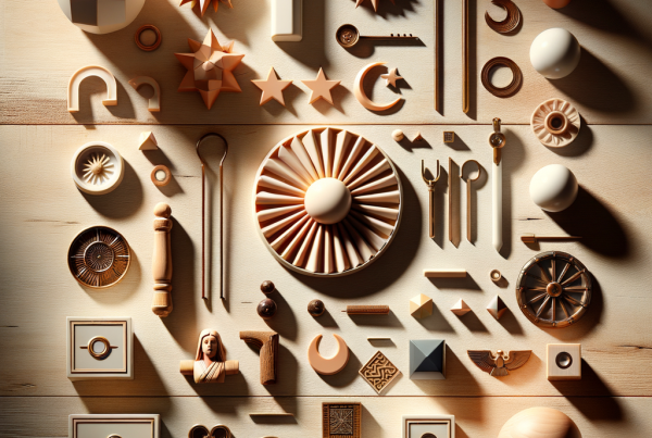 A flat lay of symbolic objects representing “[title]”, arranged neatly on a wooden or neutral su