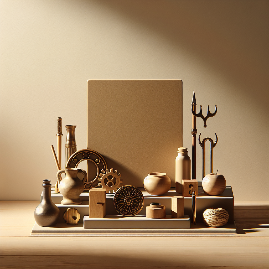 An arrangement of symbolic objects that makes you think of a miscellaneous title, placed carefully on a flat wooden or neutral-toned surface. The image has a realistic style, featuring warm natural light resulting in soft shadows. It has the appearance of an editorial lifestyle photograph. No people are present in the scene and there's no text included in the image.