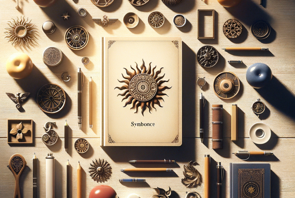 A flat lay of symbolic objects representing “[title]”, arranged neatly on a wooden or neutral su