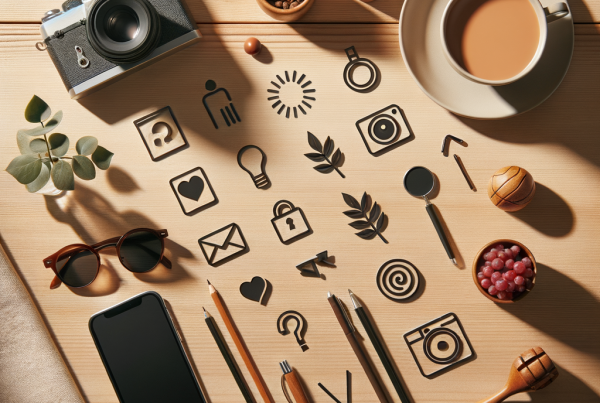 A flat lay of symbolic objects representing “[title]”, arranged neatly on a wooden or neutral su