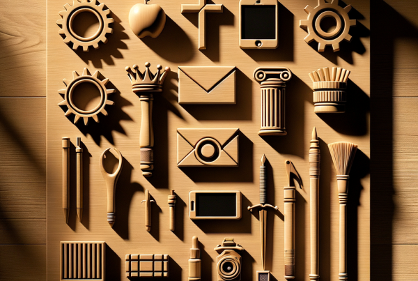 A flat lay of symbolic objects representing “[title]”, arranged neatly on a wooden or neutral su