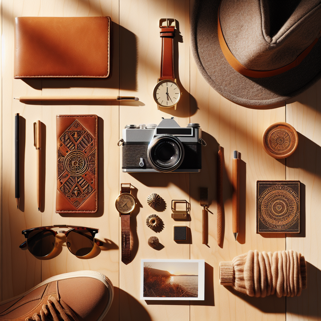 Generate an image in a realistic style that mimics the look of editorial lifestyle photography. The composition should be a flat lay of symbolic objects that represent an non-specified title. These items should be neatly organized on a wooden or another type of neutral surface. The warmth of natural lighting should be reflected in the image, creating soft shadows. Remember, there should be no text or people present in the image.