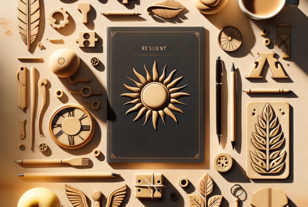 A flat lay of symbolic objects representing “[title]”, arranged neatly on a wooden or neutral su