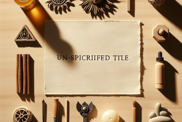 A flat lay of symbolic objects representing “[title]”, arranged neatly on a wooden or neutral su