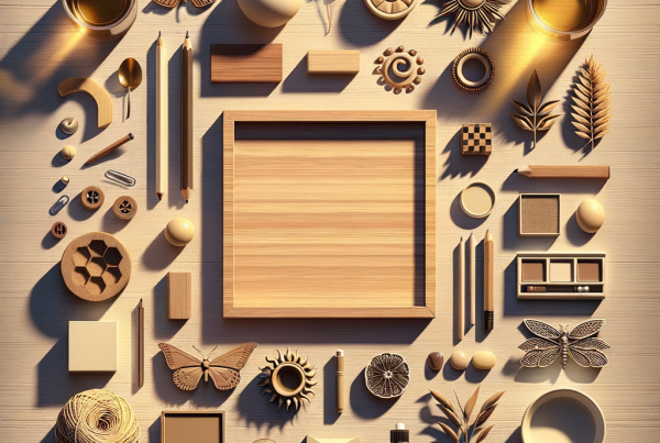 A flat lay of symbolic objects representing “[title]”, arranged neatly on a wooden or neutral su