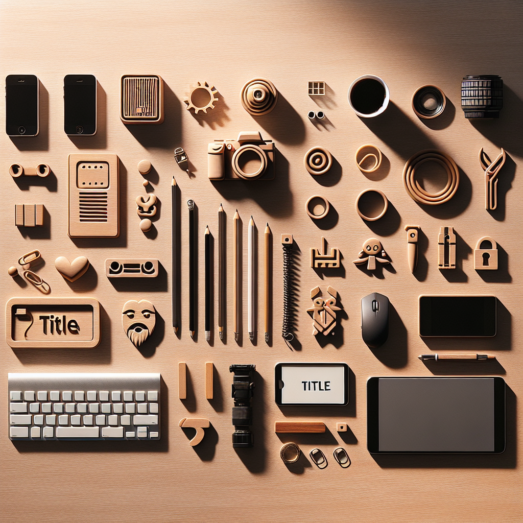 Create a flat lay image of various symbolic objects which relate to the concept of 'title'. Each item should be situated neatly on a wooden or neutral-toned surface. The scene should be lit with warm, natural lighting, casting soft shadows to add depth. The style should be realistic and should give the impression of a photograph taken for an editorial lifestyle magazine. Please avoid including text in the image itself.