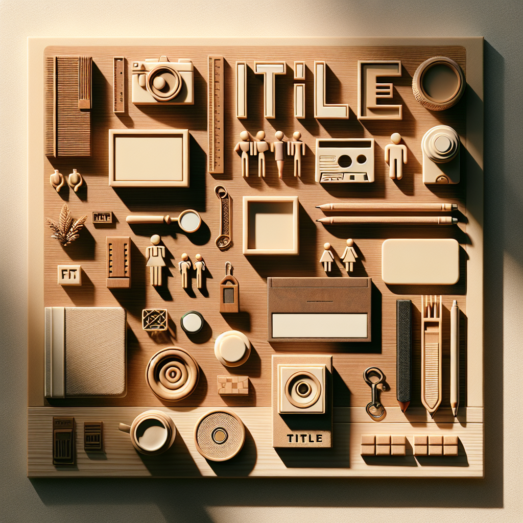 Create a flat lay featuring a variety of symbolic objects that represent 'Title', arranged in a neat and organized manner. They should be displayed on either a wooden or neutral surface. The scene should be illuminated with warm, natural lighting that casts soft shadows on the objects. This design should be in a realistic style and evoke the aesthetic of editorial lifestyle photography. Please ensure there are no people and no text included in the image.
