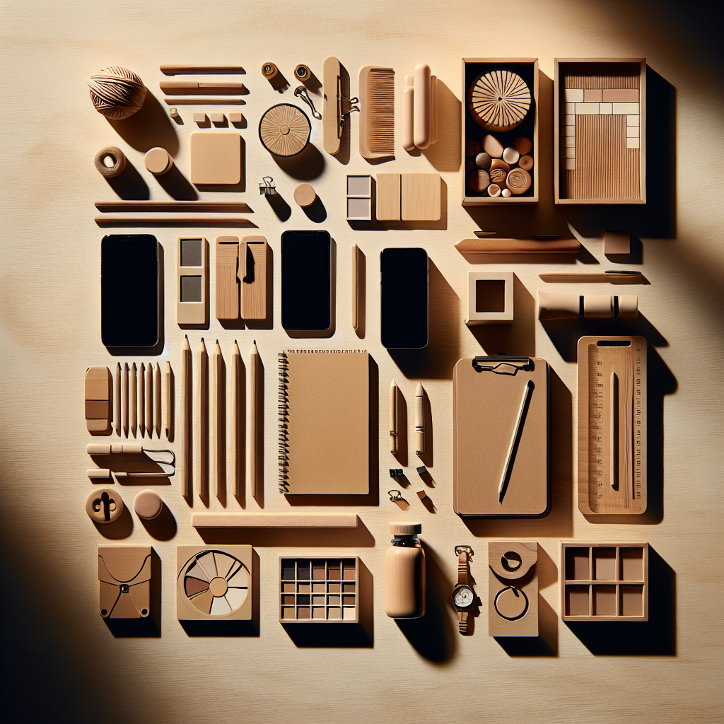 An overhead view of various objects arranged systematically representing a subject on an unadorned wooden surface. It is illuminated with soft, warm, natural lighting generating delicately diffused shadows. Executed in a realistic style, the composition should echo the finesse of editorial lifestyle photography. There are no people in this frame and no text should be included in the image.