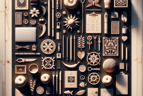 A flat lay of symbolic objects representing “[title]”, arranged neatly on a wooden or neutral su