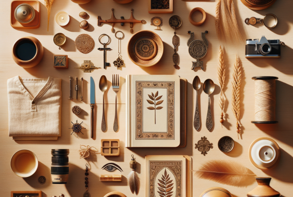 A flat lay of symbolic objects representing “[title]”, arranged neatly on a wooden or neutral su