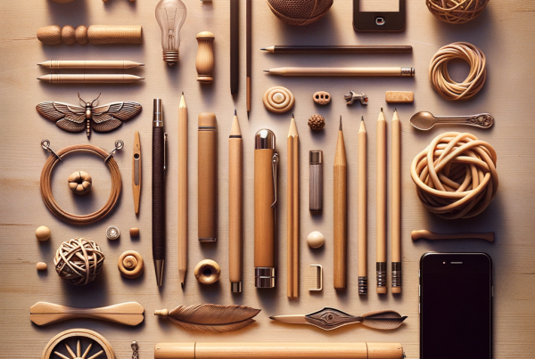 A flat lay of symbolic objects representing “[title]”, arranged neatly on a wooden or neutral su
