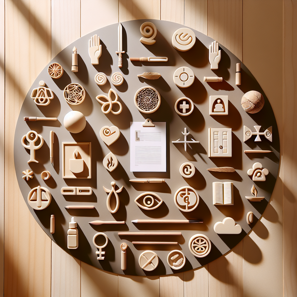 Create a flat lay image of various symbolic objects that each represent a unique concept, organized neatly on a wooden or neutral background. The image should be illuminated with warm, natural lighting, which casts soft shadows. There should be no human presence in the image. The style should be realistic, and designed to emulate the aesthetic of an editorial lifestyle photograph. Please ensure no text is included within the image.