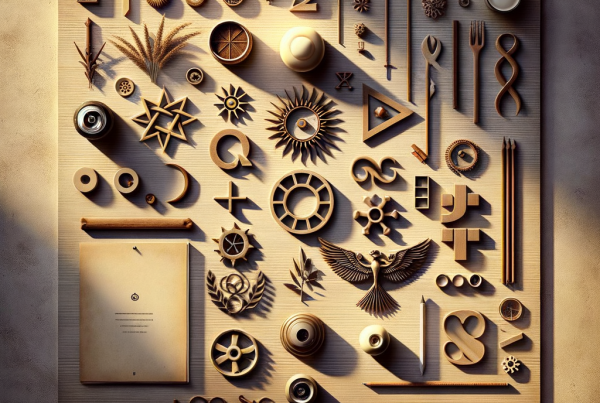 A flat lay of symbolic objects representing “[title]”, arranged neatly on a wooden or neutral su