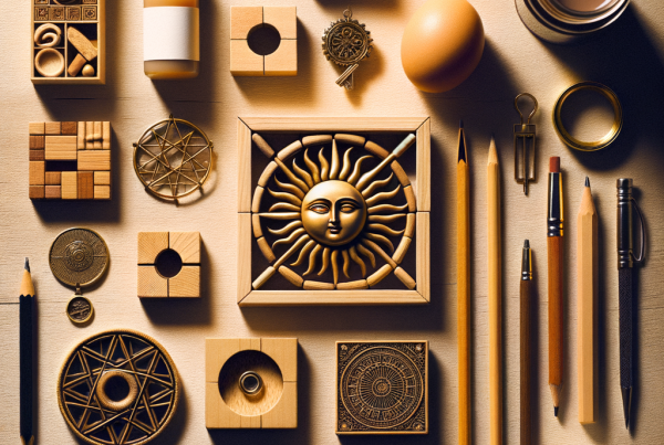 A flat lay of symbolic objects representing “[title]”, arranged neatly on a wooden or neutral su