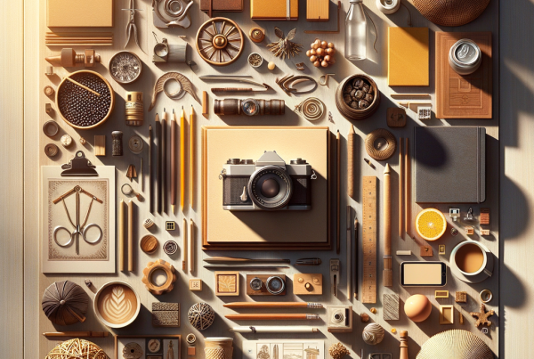 A flat lay of symbolic objects representing “[title]”, arranged neatly on a wooden or neutral su