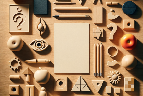 A flat lay of symbolic objects representing “[title]”, arranged neatly on a wooden or neutral su
