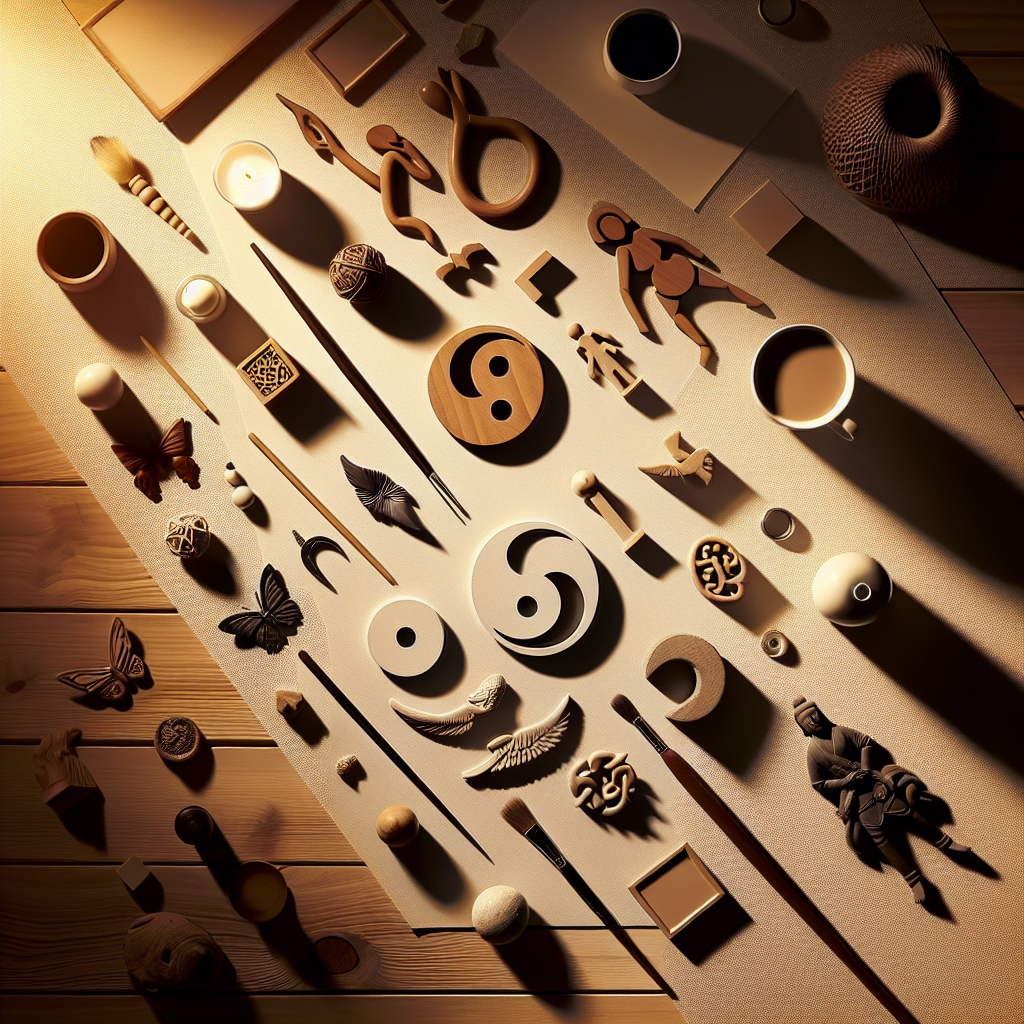 A flat lay of symbolic objects representing a chosen theme, meticulously arranged on a wooden or neutral background. The scene is illuminated with warm, natural lighting that gently casts soft shadows. The image is devoid of any human presence and has a realistic style, mimicking the aesthetics of an editorial lifestyle photography. There is no text included in the image.