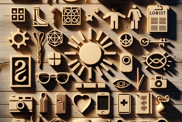 A flat lay of symbolic objects representing “[title]”, arranged neatly on a wooden or neutral su