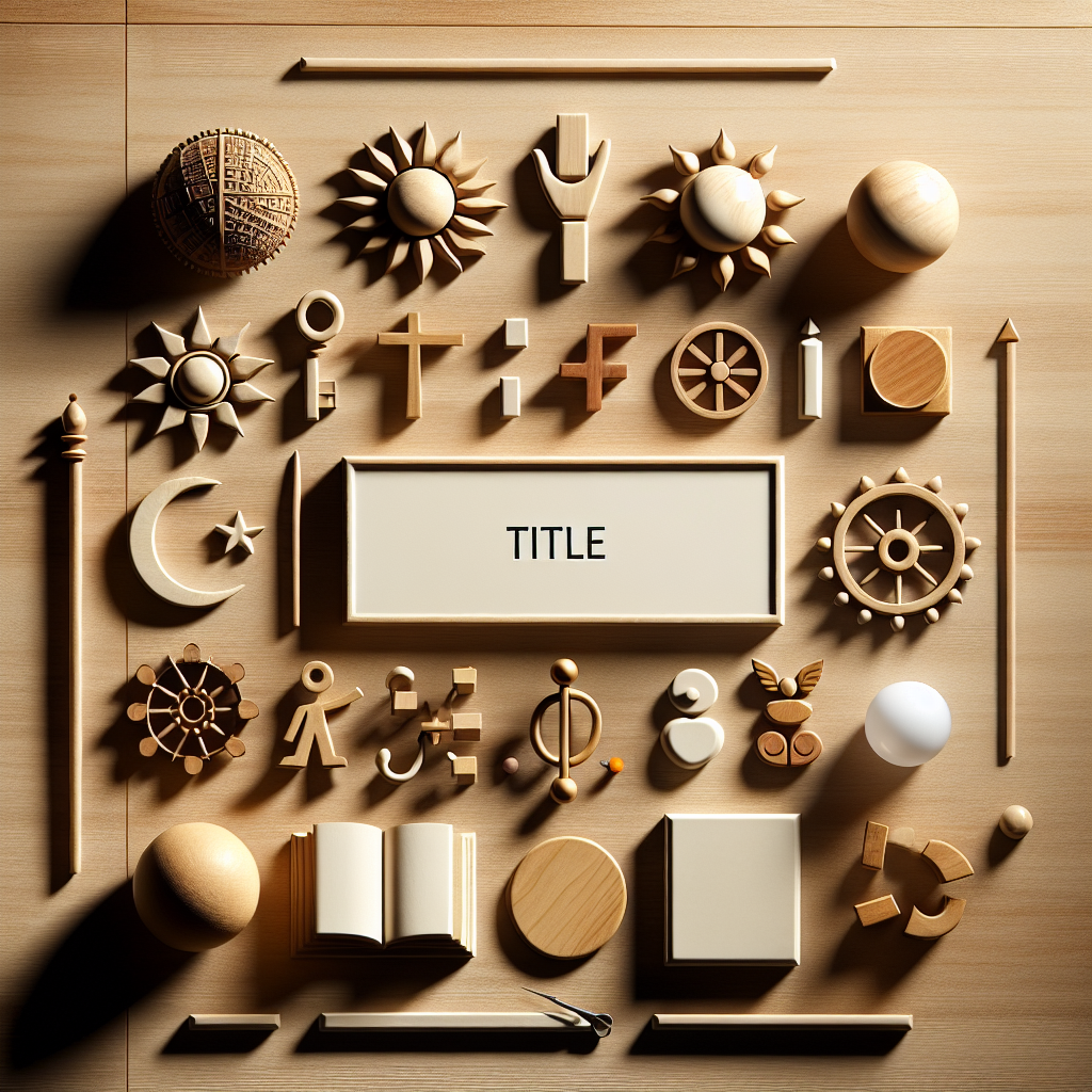 An overhead view of a collection of symbolic objects representing a title, arranged in a composed manner on a wooden or neutral background. The image is in a realistic style influenced by editorial lifestyle photography. The warm natural lighting hits these objects creating soft shadows. There are no individuals present in the image, and no text is included.