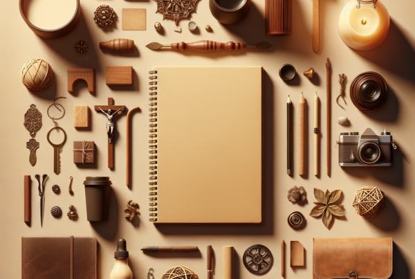 A flat lay of symbolic objects representing “[title]”, arranged neatly on a wooden or neutral su