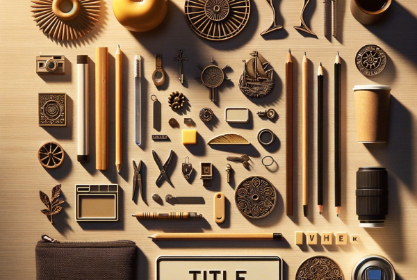 A flat lay of symbolic objects representing “[title]”, arranged neatly on a wooden or neutral su