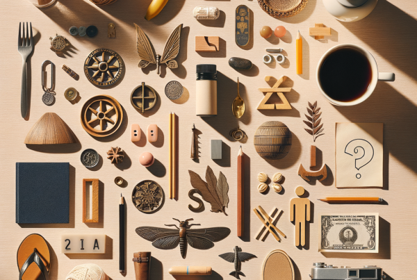 A flat lay of symbolic objects representing “[title]”, arranged neatly on a wooden or neutral su