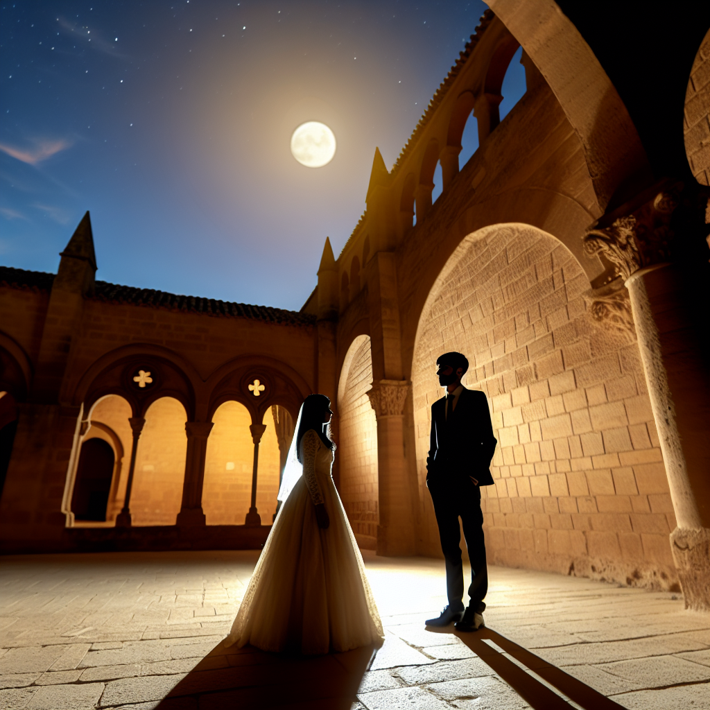 Mini boda en un claustro bajo la luna