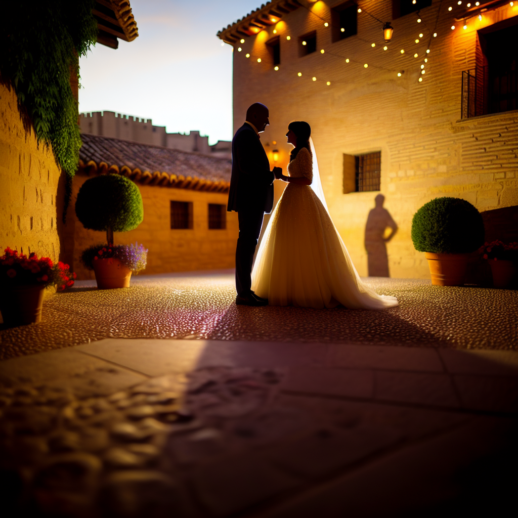 Mini boda en un patio con luces cálidas